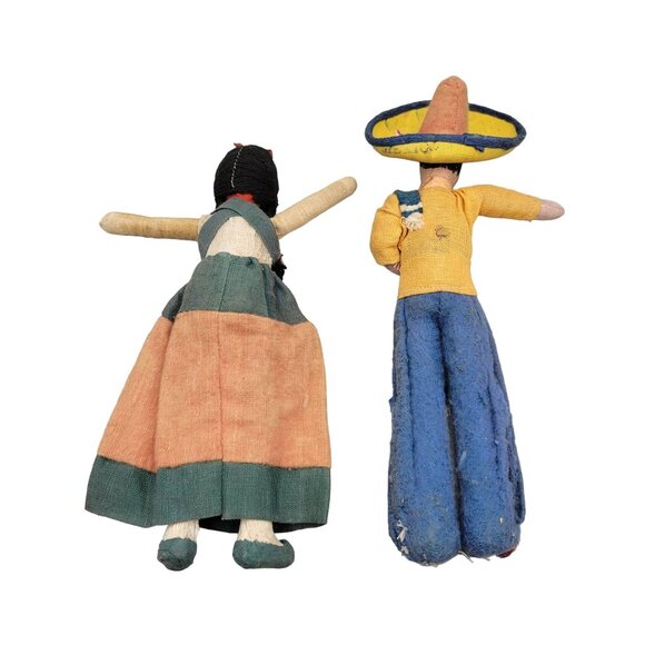 Souvenir Mexican Dolls Traditional Clothing Couple Hand Painted Faces Two 1940s - Picture 4 of 8